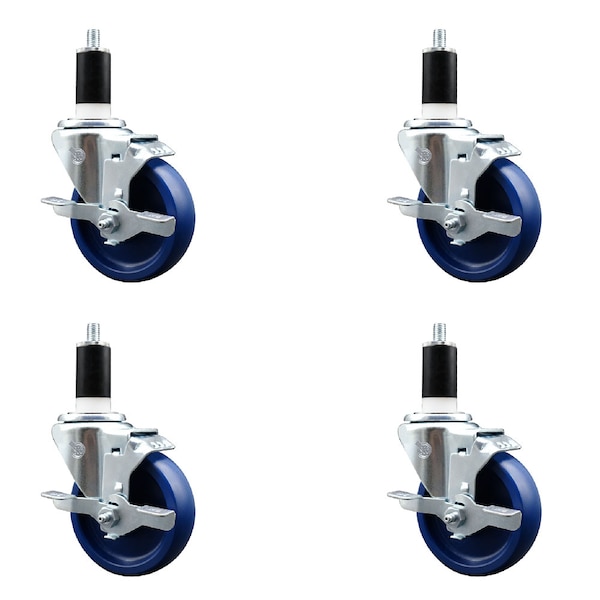 4'' SS Solid Poly Swivel 1-3/8'' Expanding Stem Caster Set with Brake, 4PK